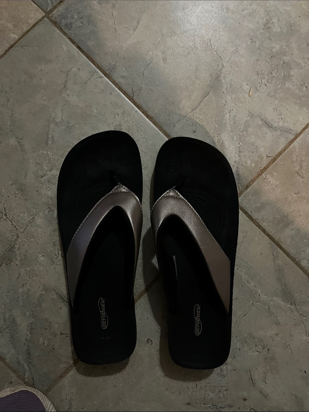 Skechers Women's Black and Metallic Bronze Thong Sandals